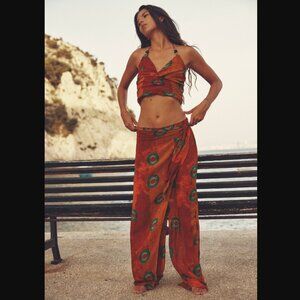 ZARA WOMEN ORANGE PRINTED CHIFFON WRAP WIDE LEG PANTS SIZE M or XXL NWOT